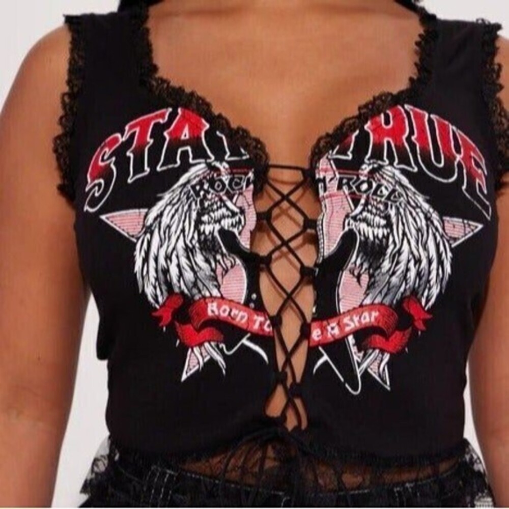 Rockstar Lace Up Detail Top Black Size Small RefN10